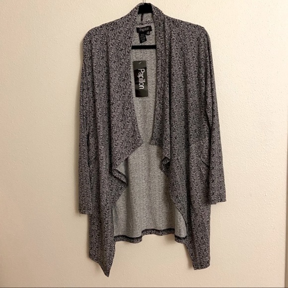 Papillon Gray Herringbone Open Front Cardigan Draped Cascade Long Sweater Medium - Picture 2 of 7